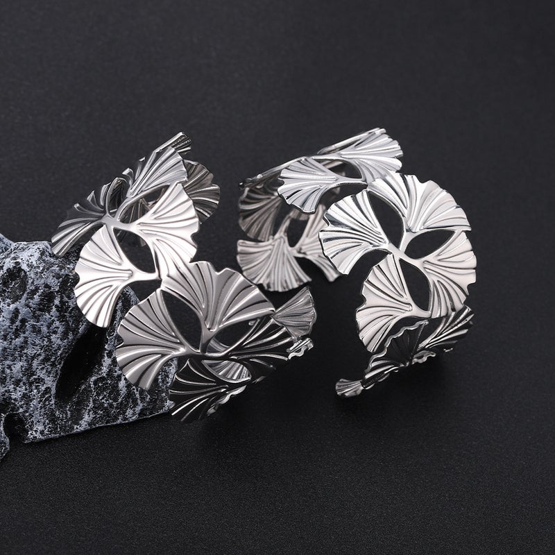 Selling Ginkgo Leaf Stainless Steel Bracelet Wide Version Opening Exaggerated High-End Women'S Gold-Plated Non-Fading Titanium Steel Bracelet - Image 5